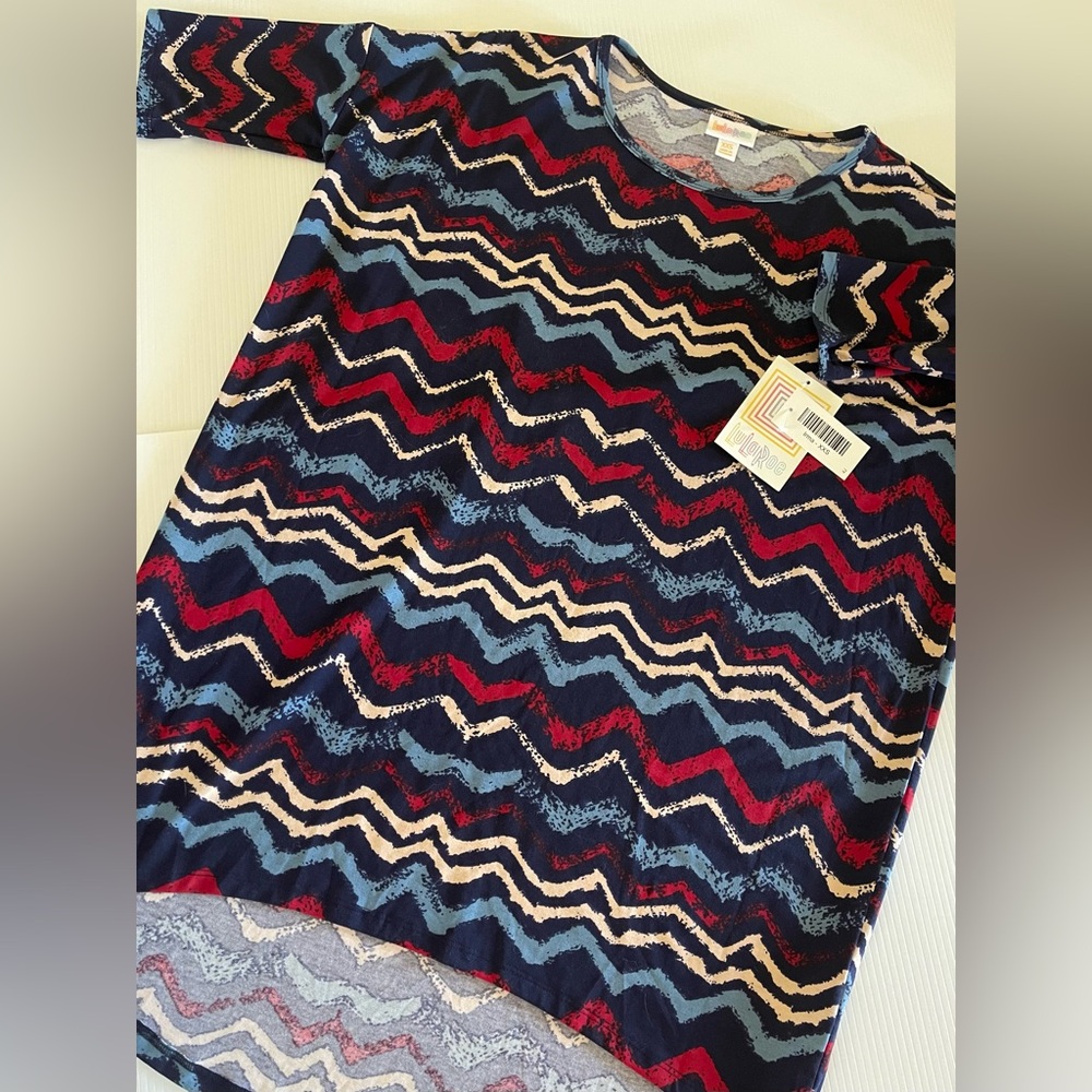 LuLaRoe Red, Cream, and Blue Irma High Low Top